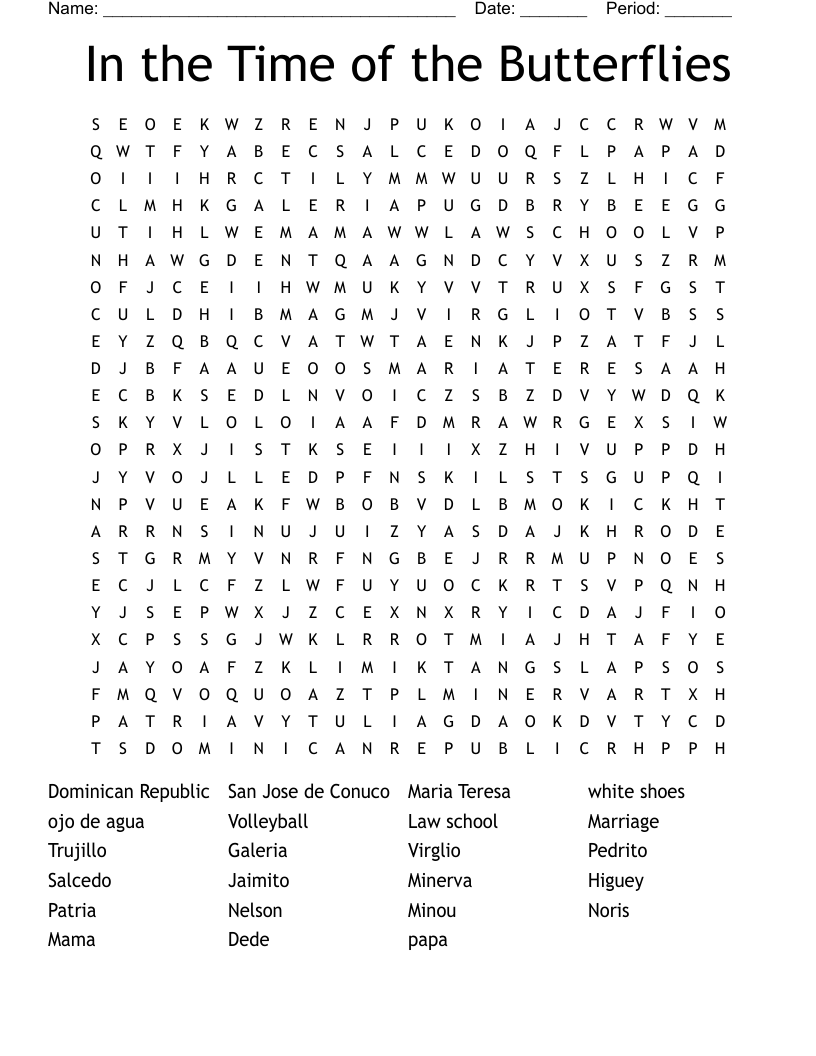 In the Time of the Butterflies Word Search