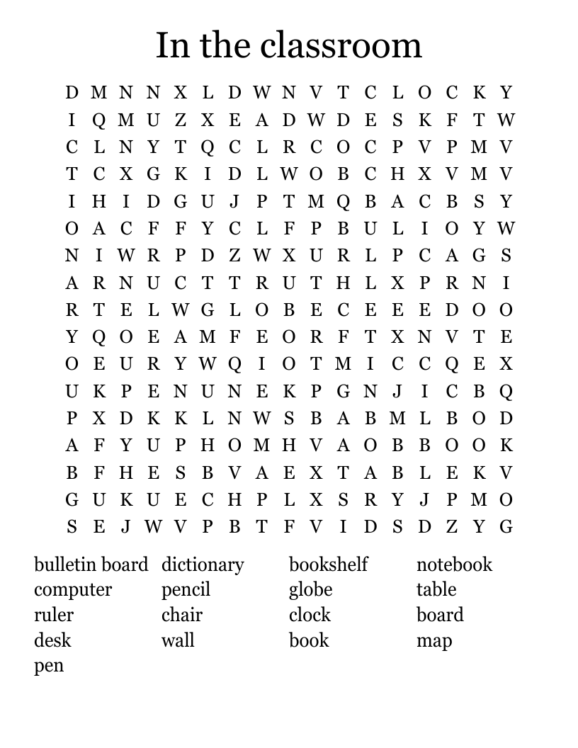 In the classroom Word Search
