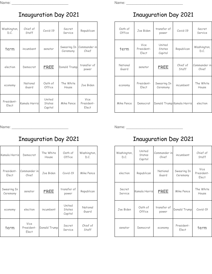 Inauguration Day 2021 Bingo Cards