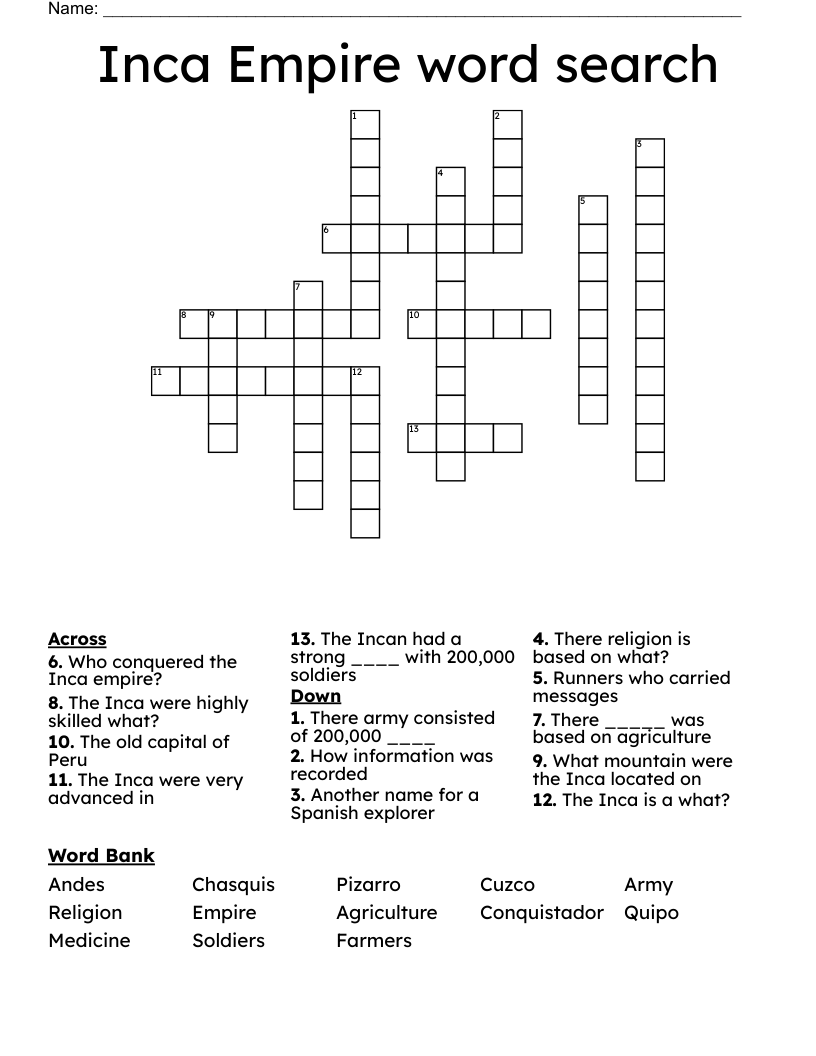 Inca Empire word search  Crossword