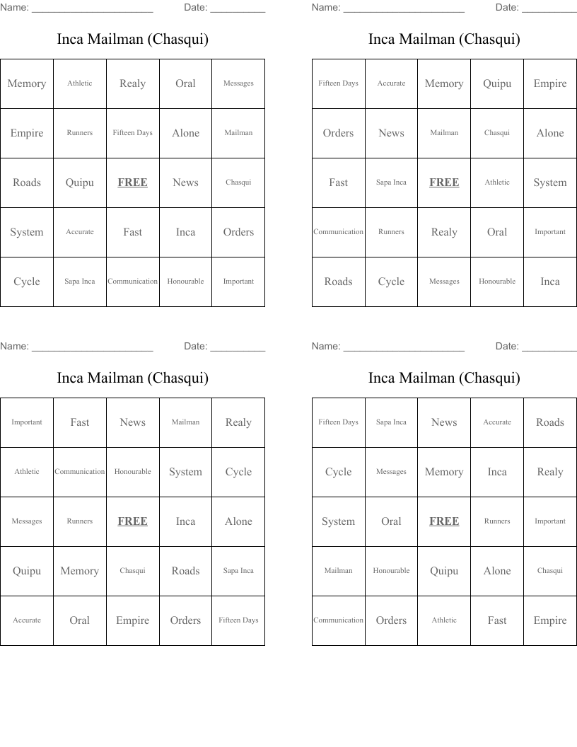 Inca Mailman (Chasqui) Bingo Cards