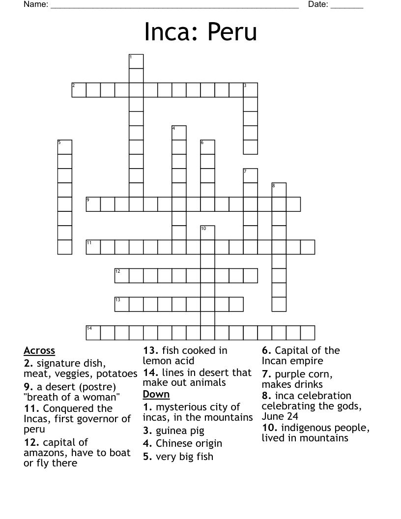 Inca: Peru Crossword