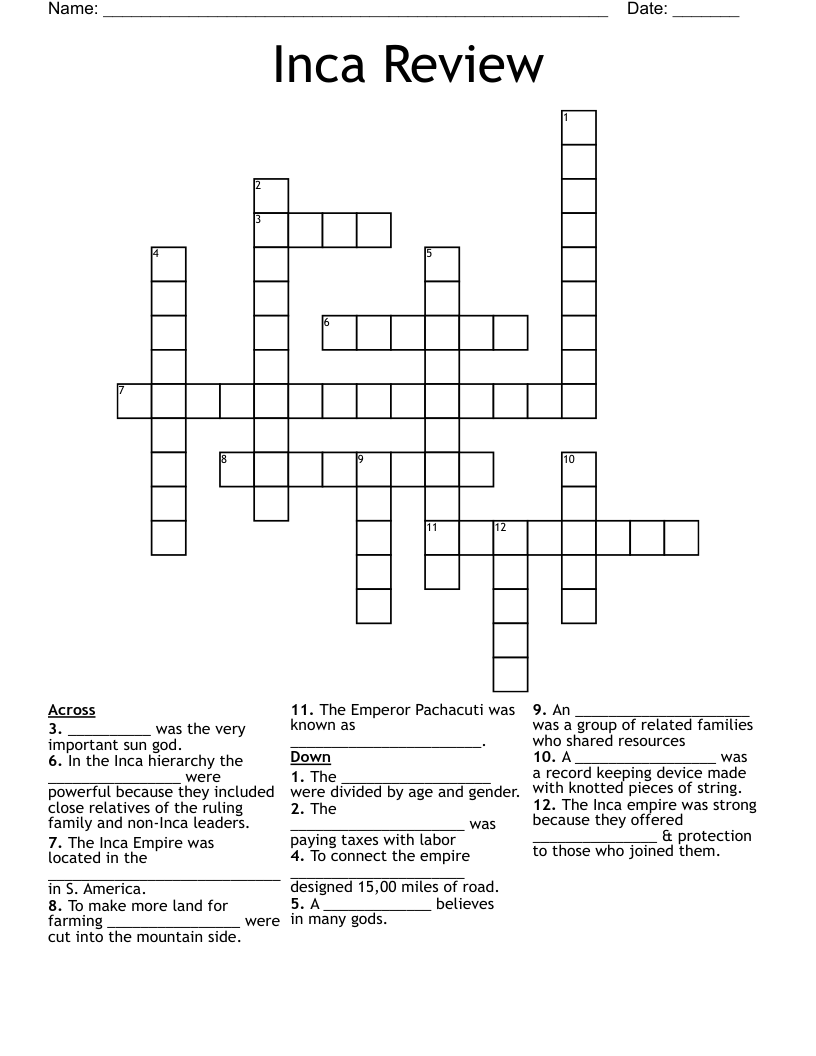 Inca Review Crossword
