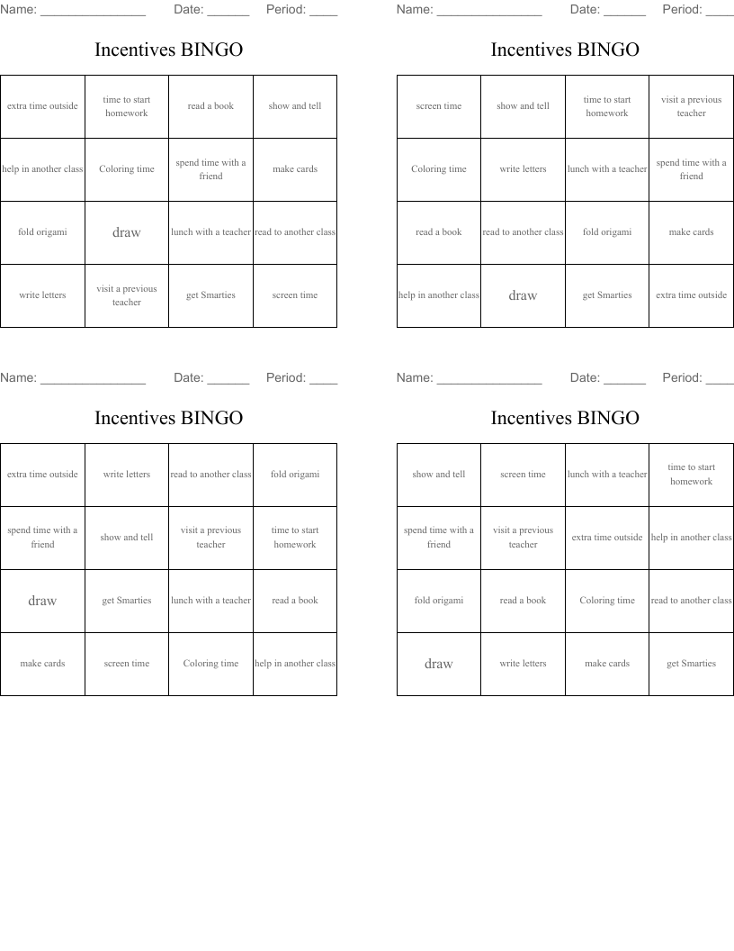 Incentives BINGO