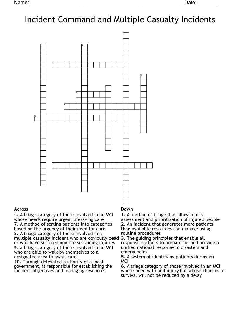 Incident Command and Multiple Casualty Incidents Crossword