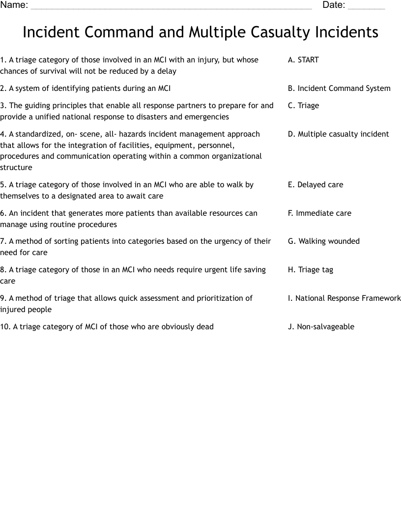 Incident Command and Multiple Casualty Incidents  Worksheet