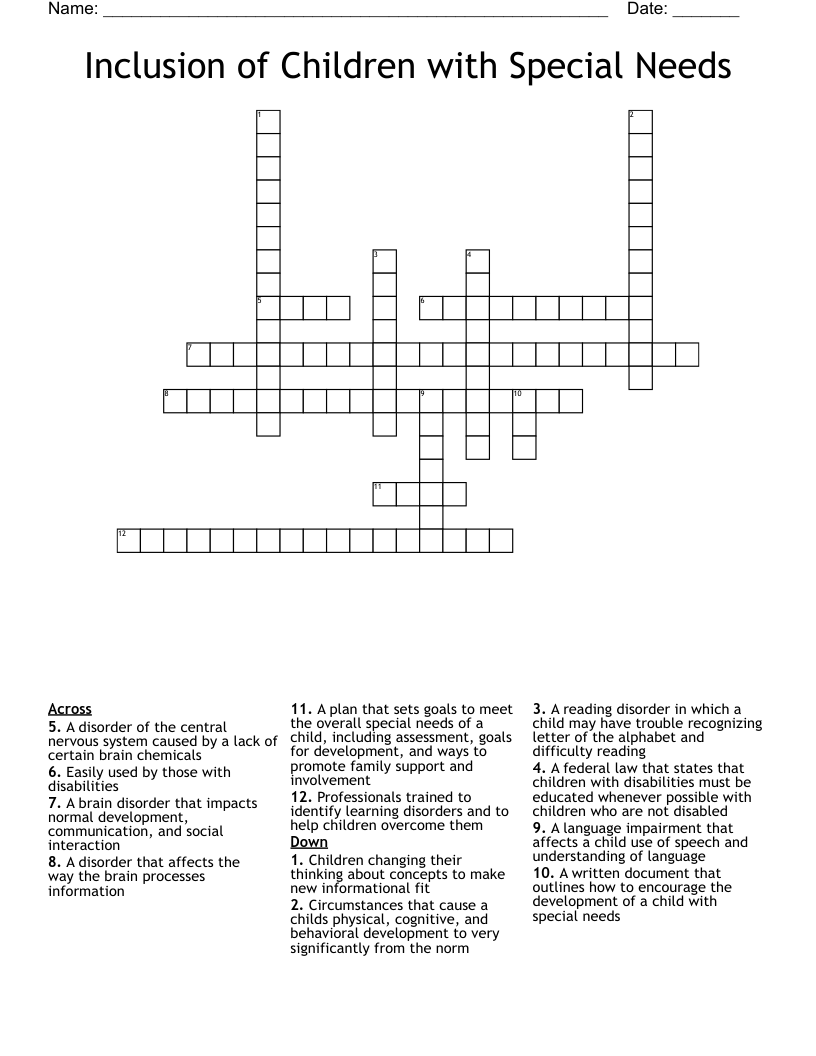 Inclusion of Children with Special Needs Crossword