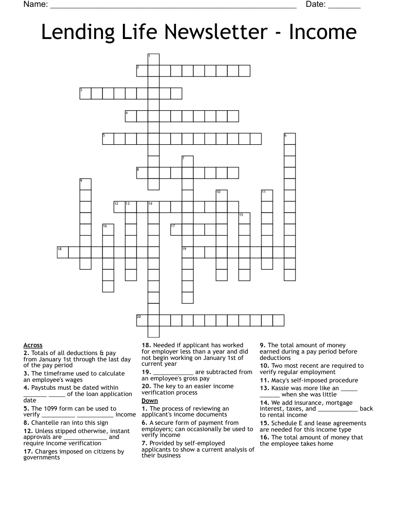 Lending Life Newsletter - Income Crossword