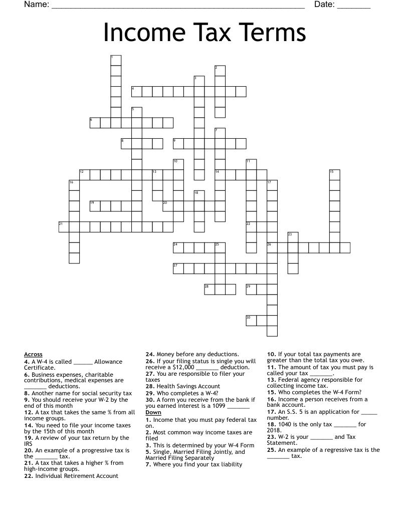 Income Tax Terms Crossword