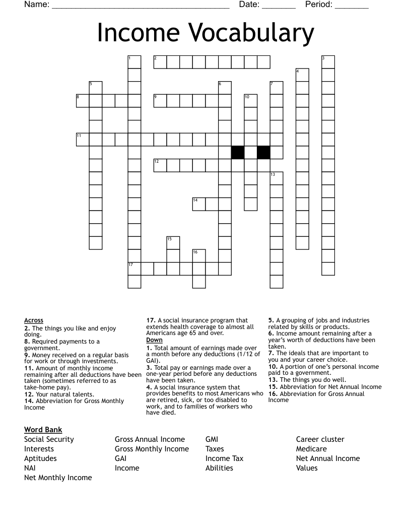 Income Vocabulary  Crossword