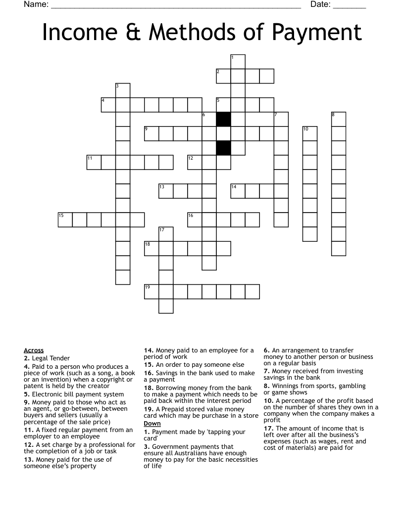 Income & Methods of Payment Crossword