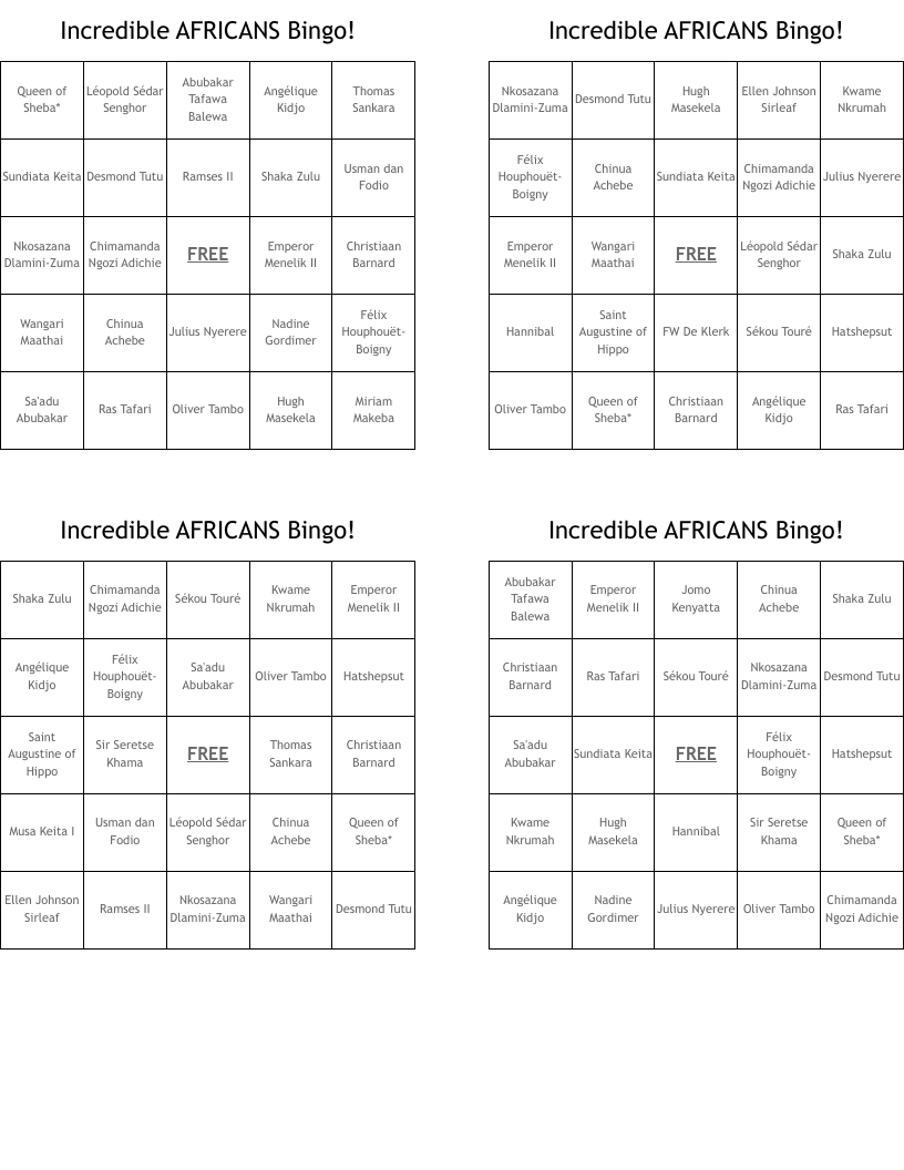 Incredible AFRICANS Bingo!
