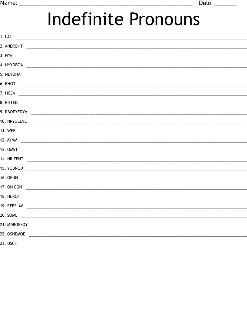 Indefinite Pronouns Word Scramble