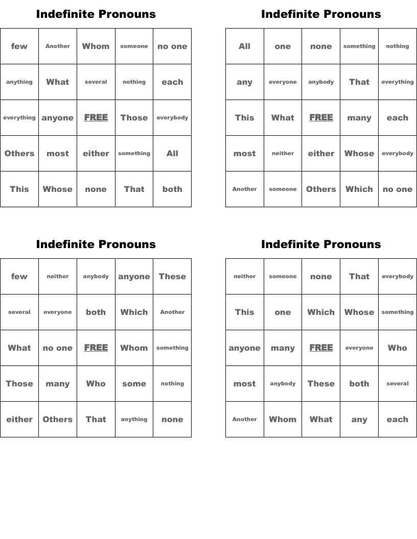 Indefinite Pronouns Bingo Cards