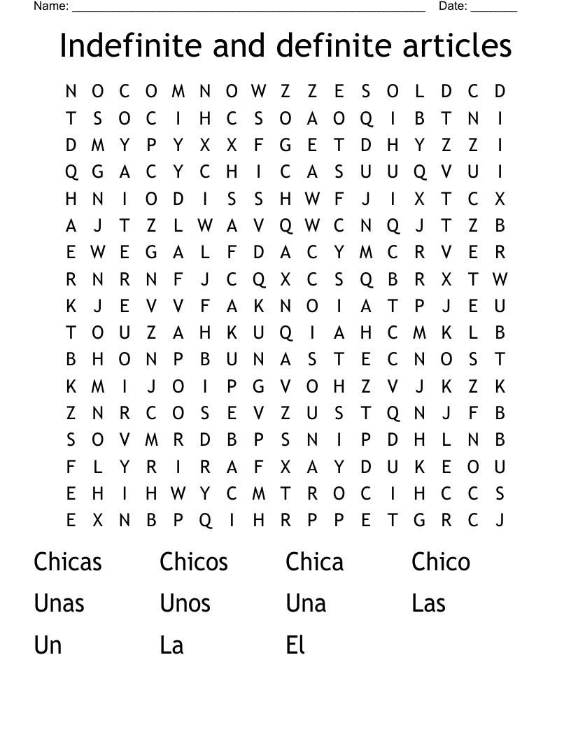 Indefinite and definite articles Word Search