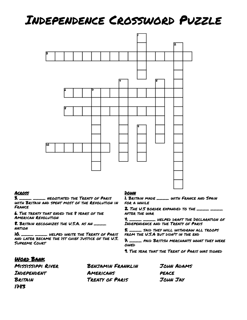 Independence Crossword Puzzle