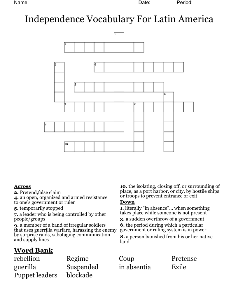 Independence Vocabulary For Latin America Crossword