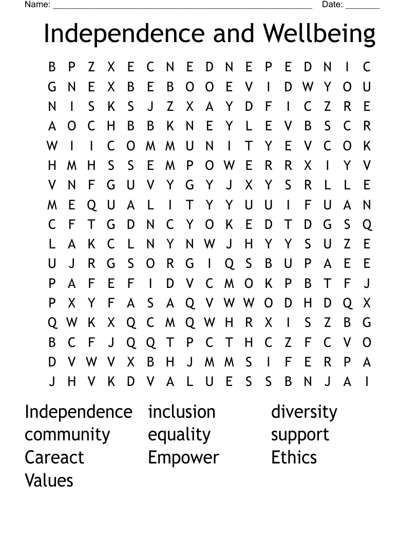 Independence and Wellbeing Word Search