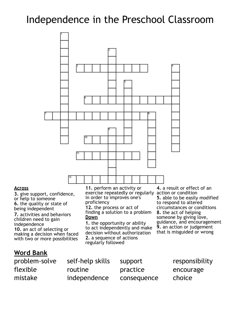 Independence in the Preschool Classroom  Crossword