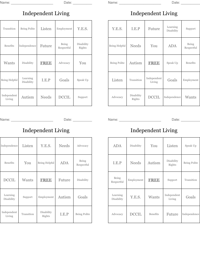 Independent Living Bingo Cards