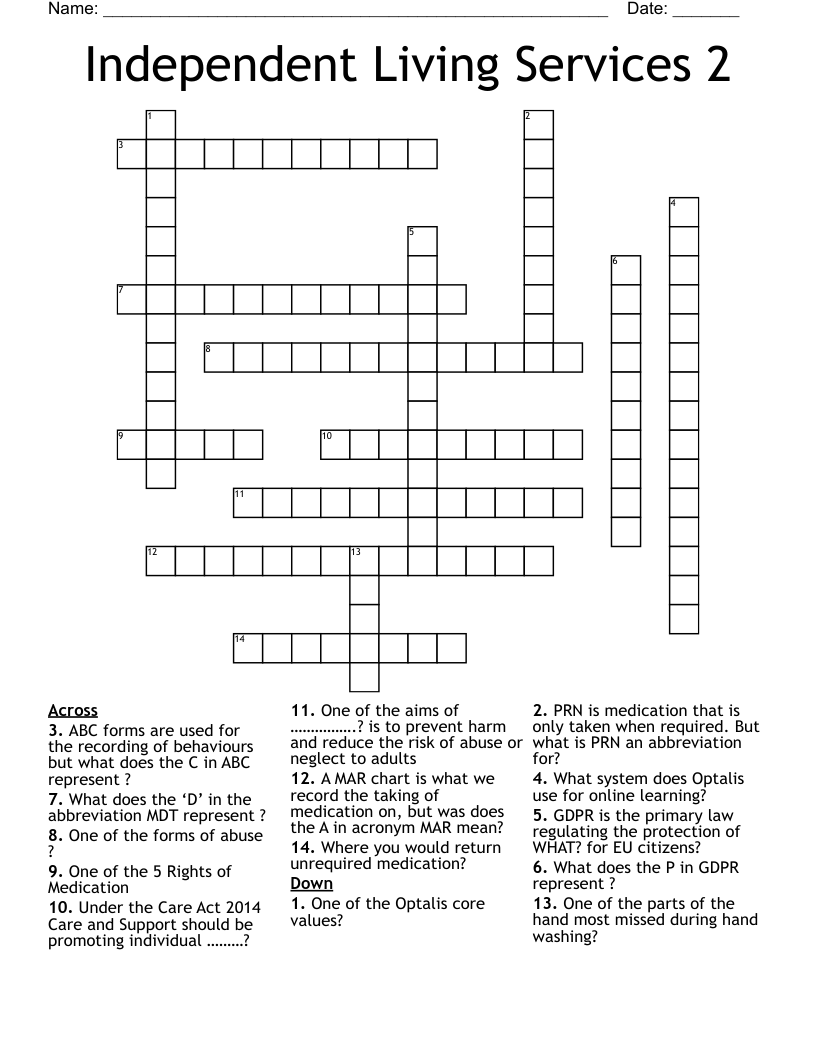 Independent Living Services 2 Crossword