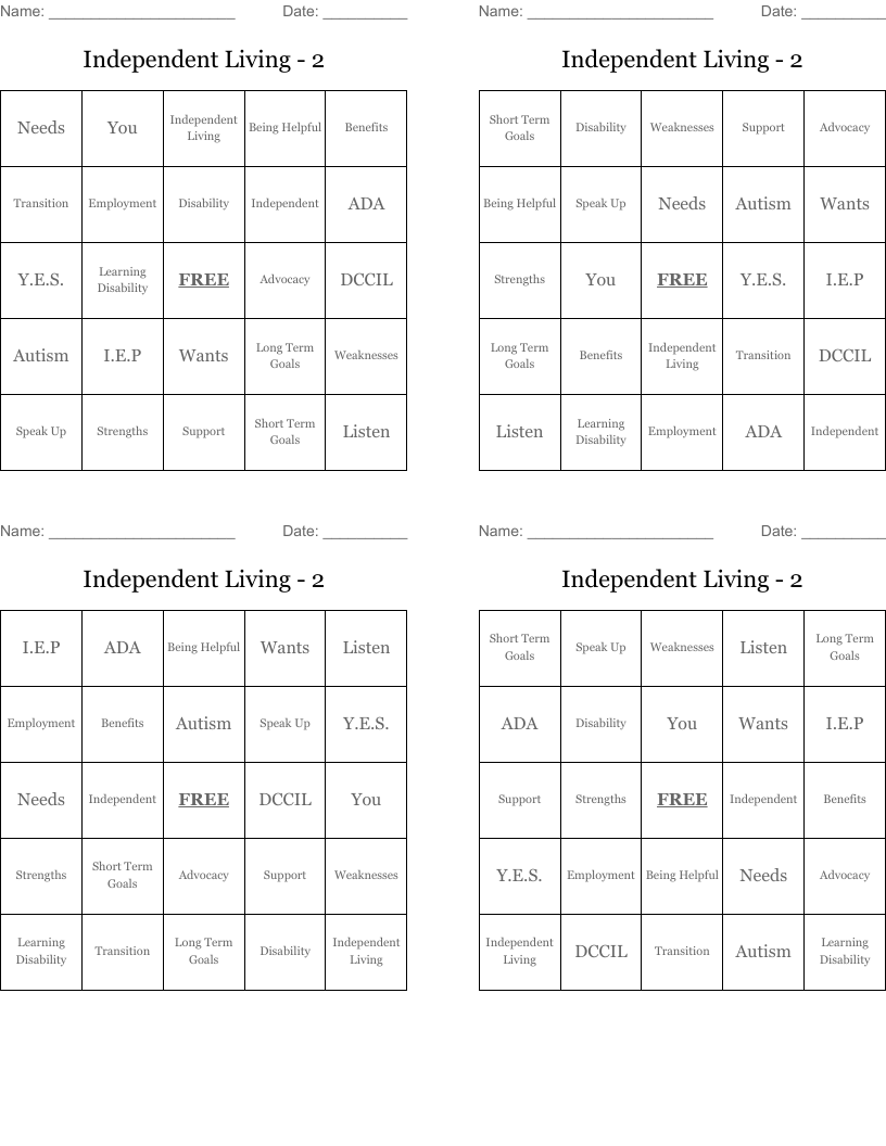 Independent Living - 2 Bingo Cards