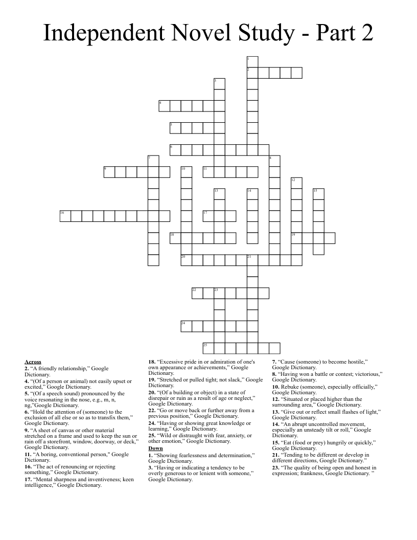 Independent Novel Study - Part 2 Crossword