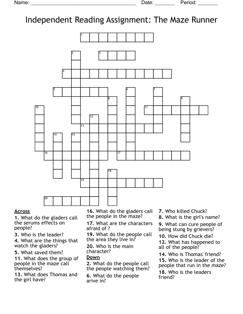 Independent Reading Assignment: The Maze Runner Crossword