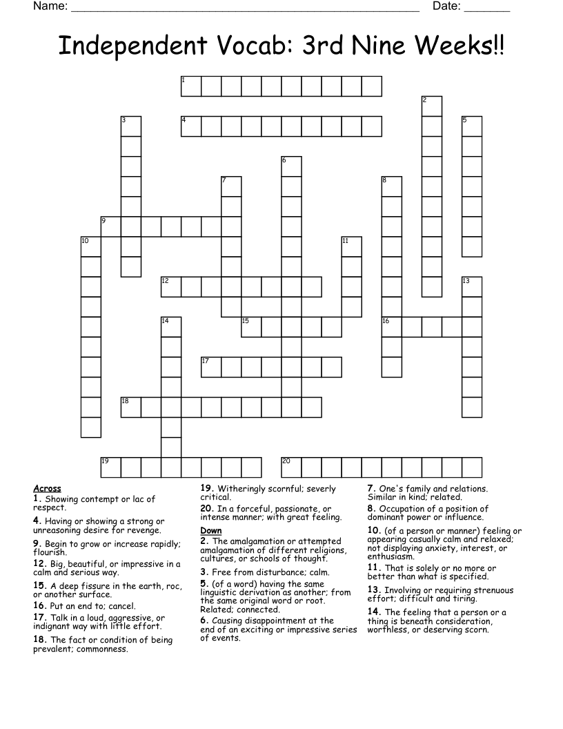 Independent Vocab: 3rd Nine Weeks!! Crossword