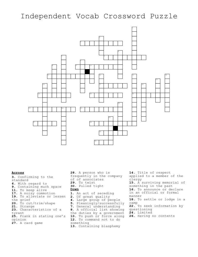 Independent Vocab Crossword Puzzle