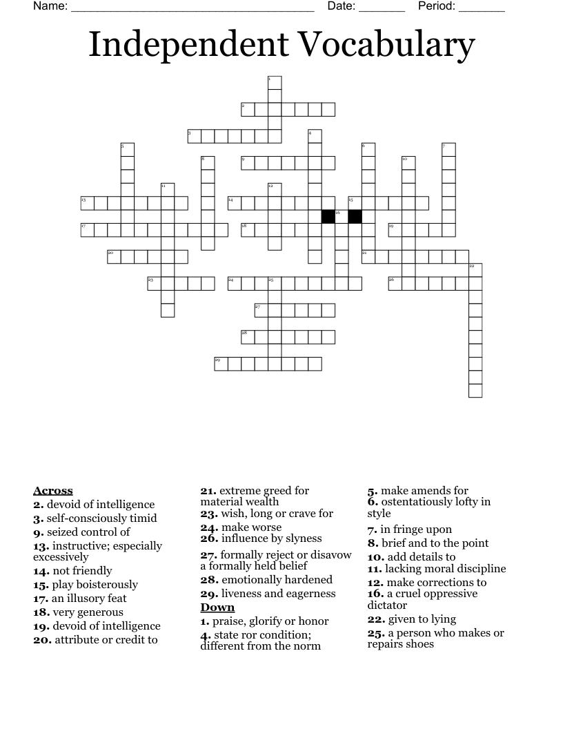 Independent Vocabulary Crossword