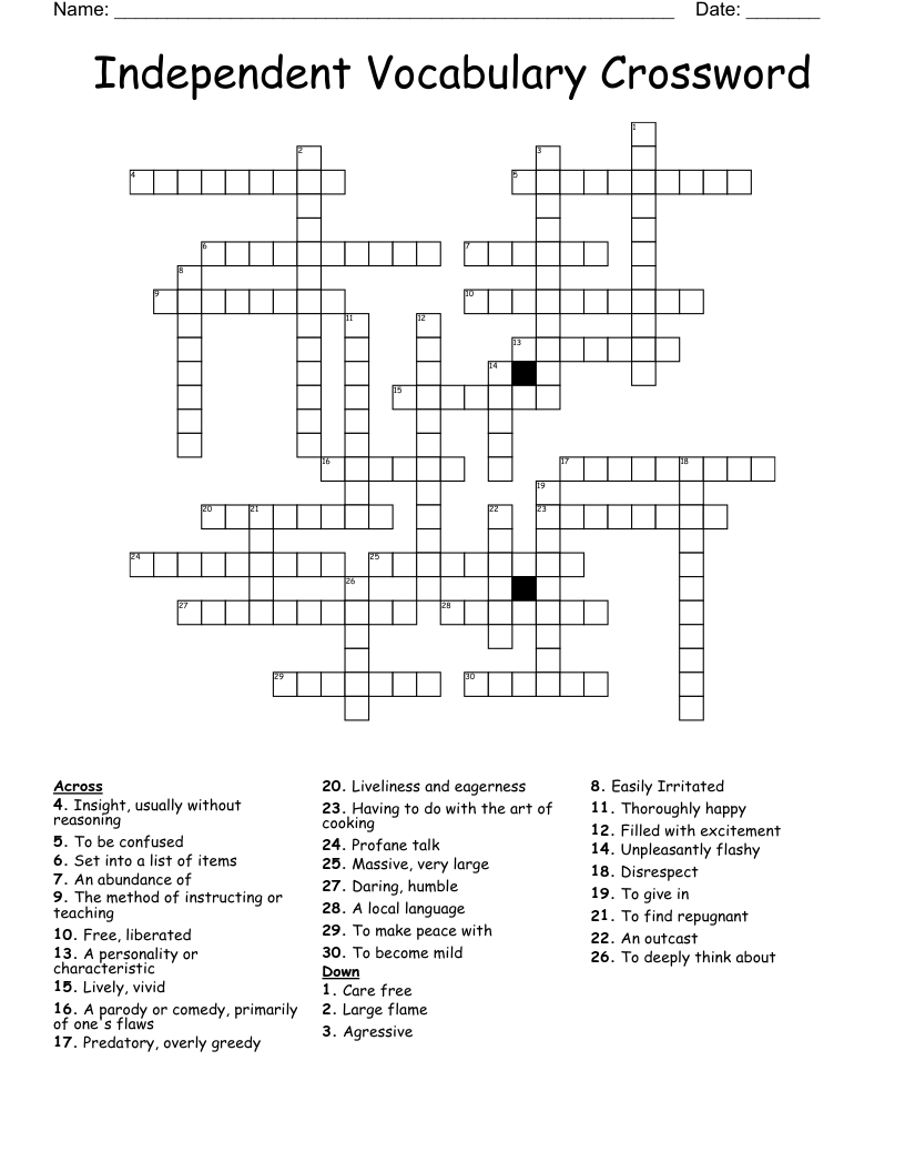 Independent Vocabulary Crossword