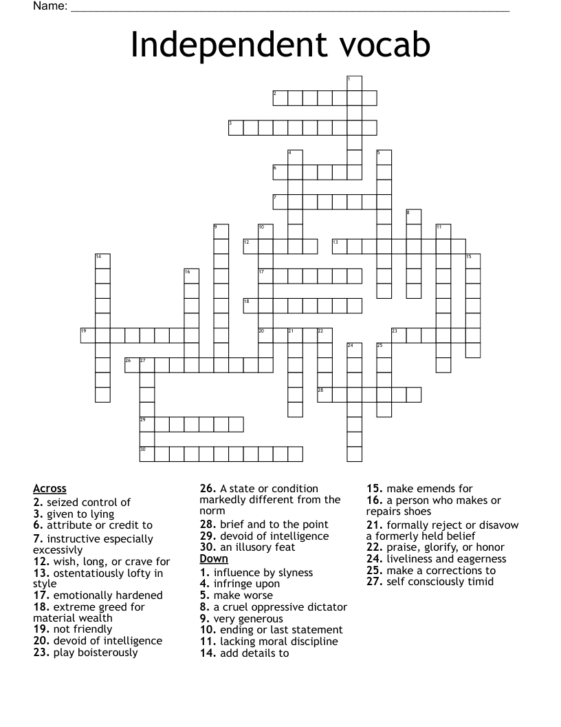 Independent vocab Crossword