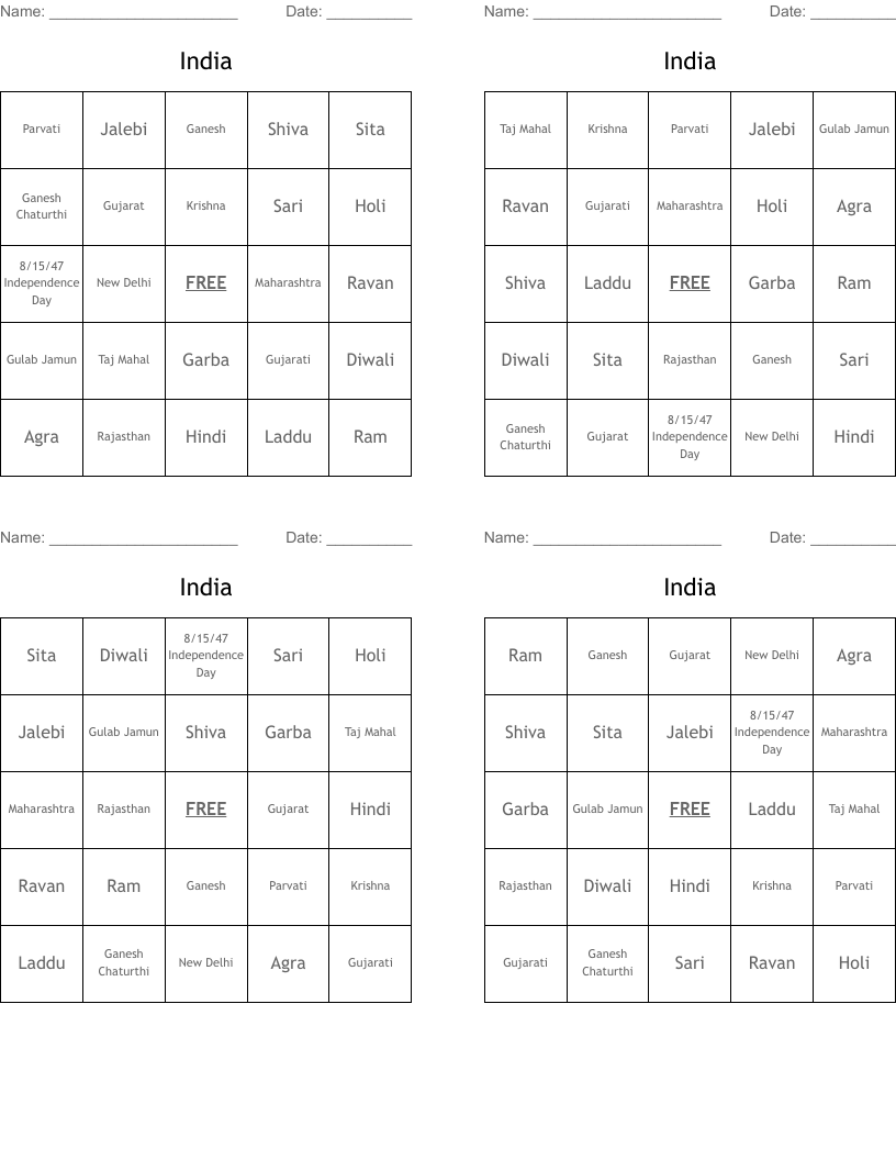 India Bingo Cards