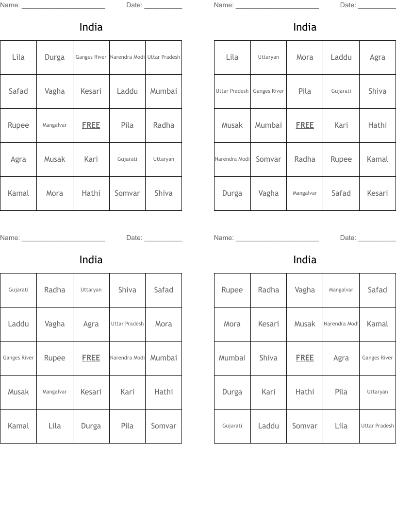India Bingo Cards