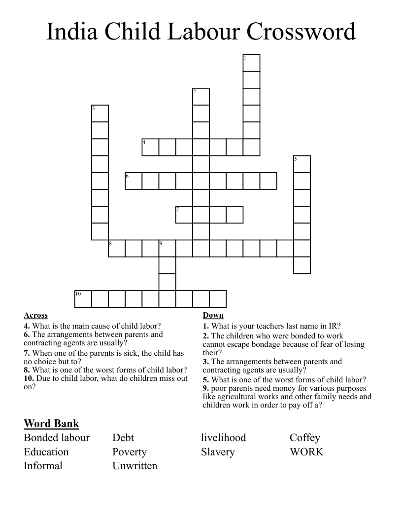 India Child Labour Crossword