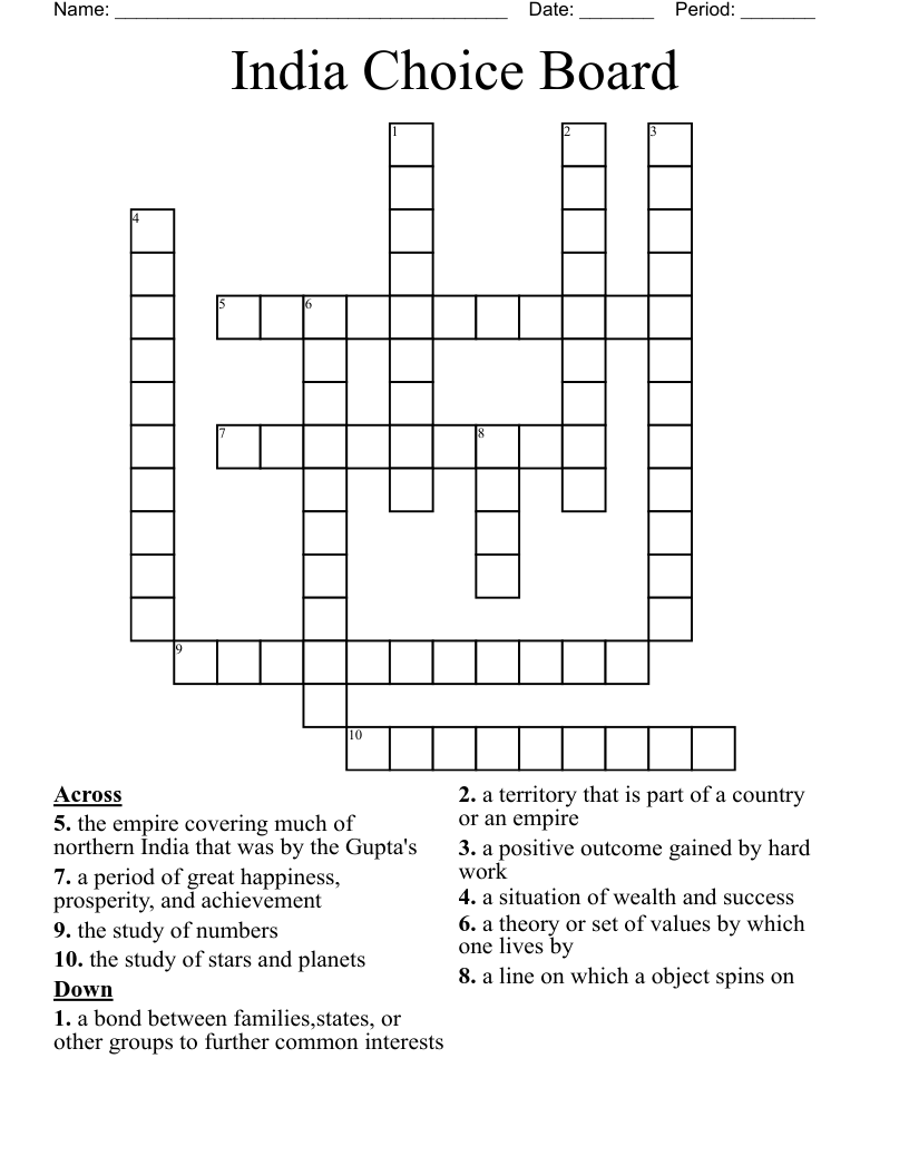 India Choice Board  Crossword