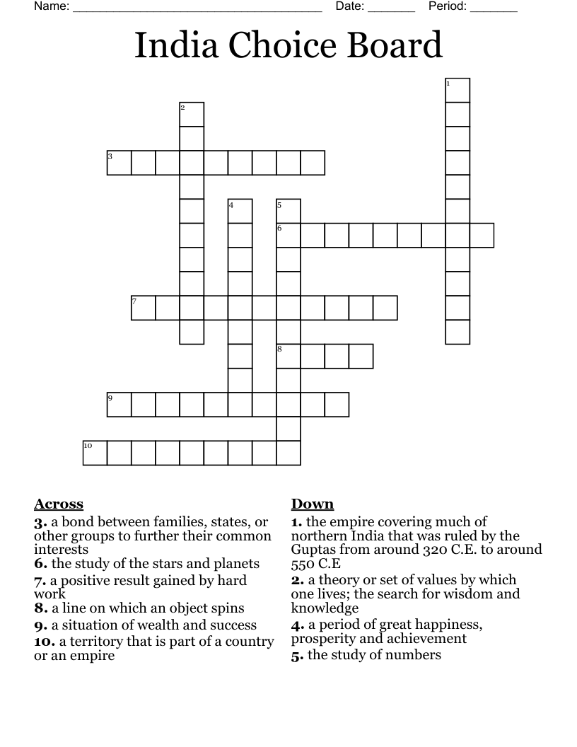 India Choice Board  Crossword