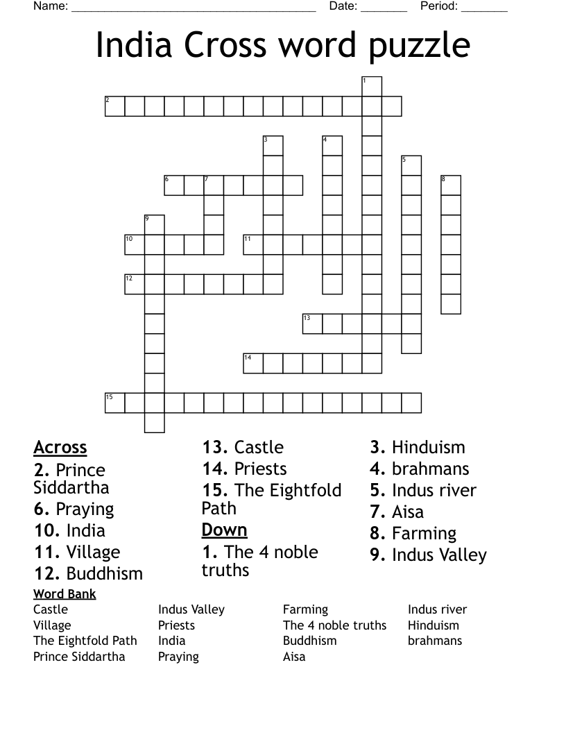 India Cross word puzzle