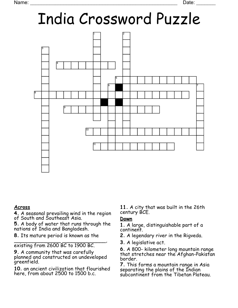 India Crossword Puzzle