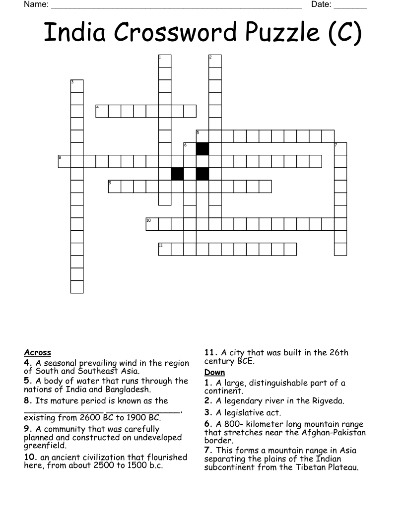 India Crossword Puzzle (C)