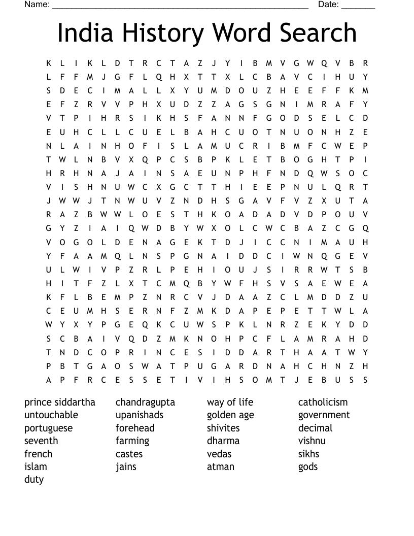India History Word Search