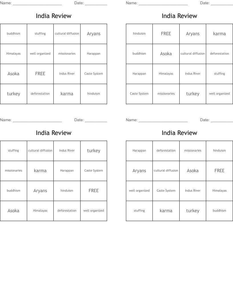 India Review Bingo Cards