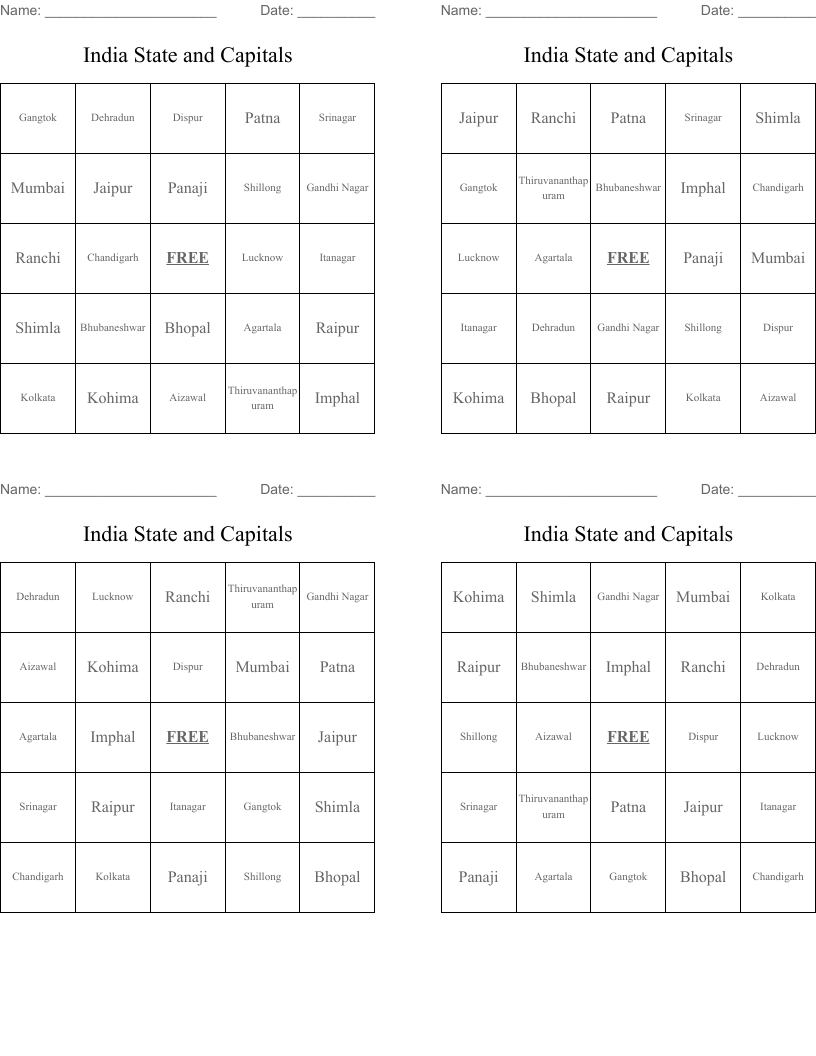 India State and Capitals Bingo Cards