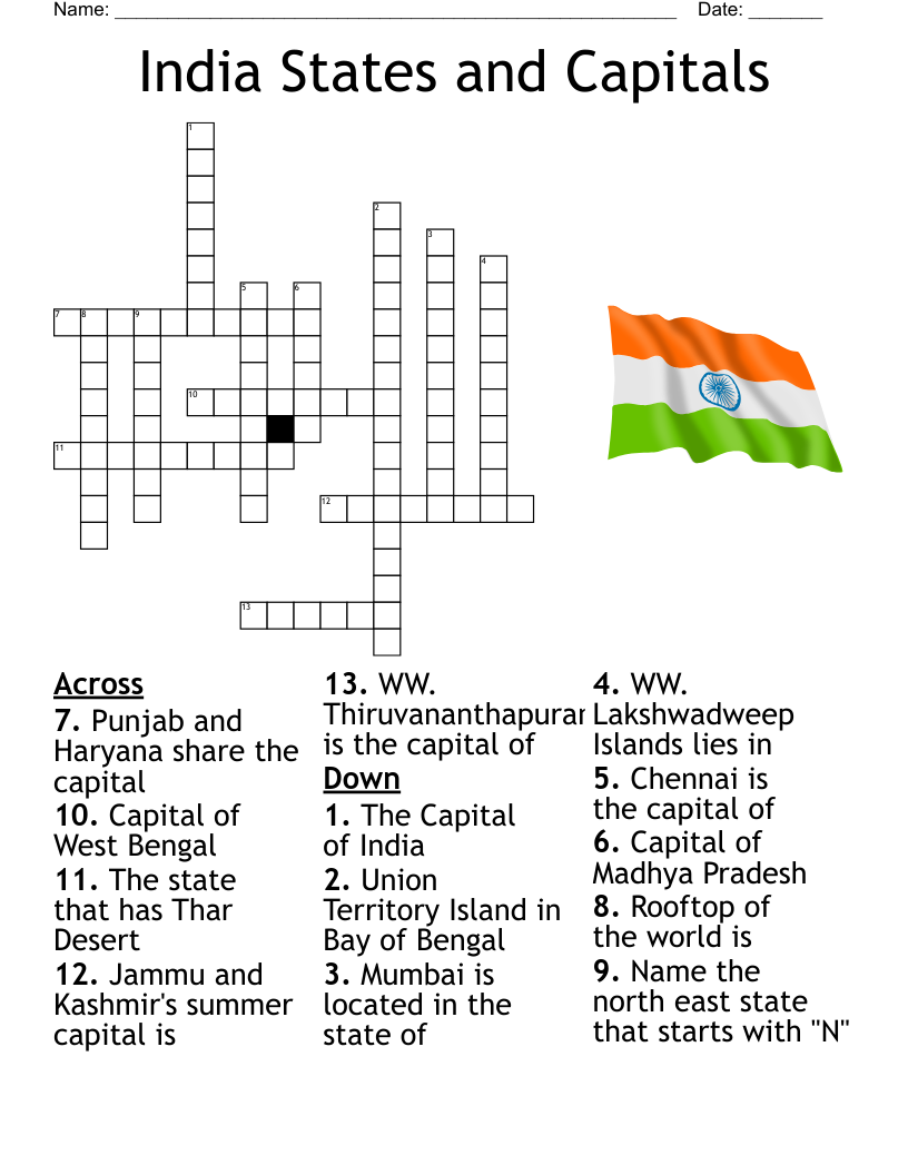 India States and Capitals Crossword