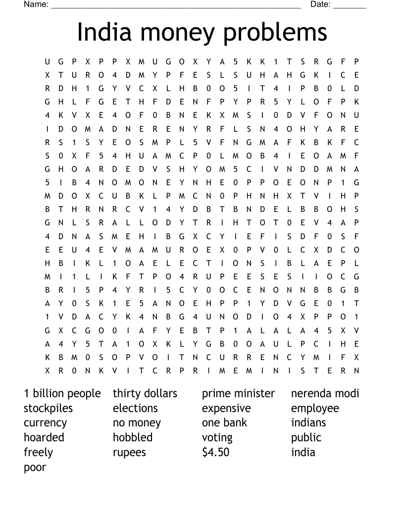 India money problems Word Search