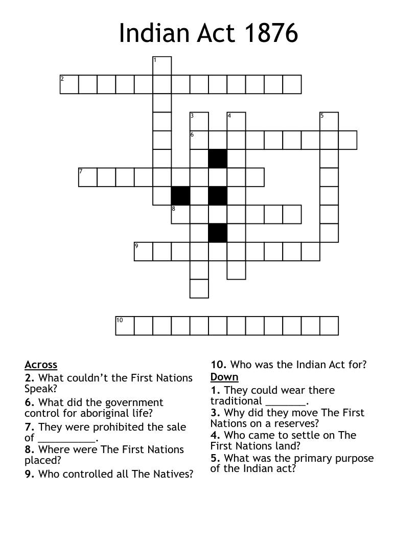 Indian Act 1876 Crossword