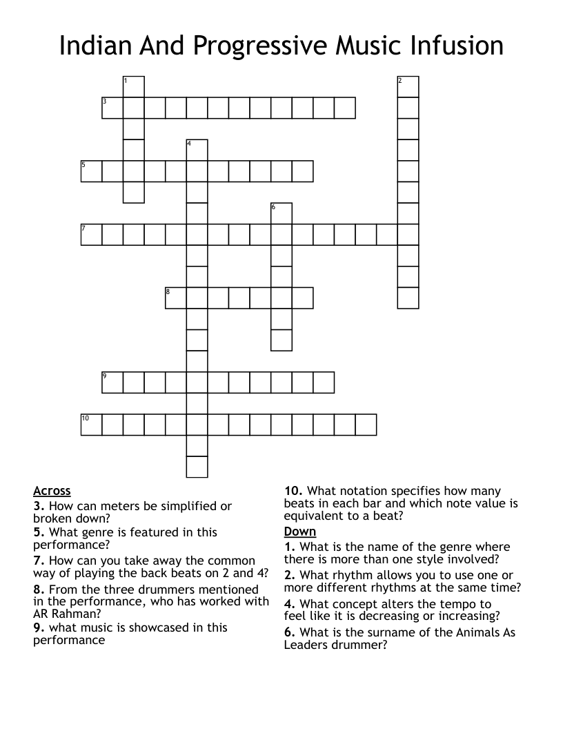 Indian And Progressive Music Infusion Crossword