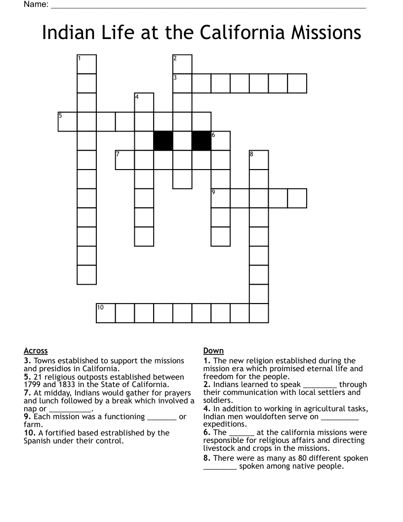 Indian Life at the California Missions Crossword