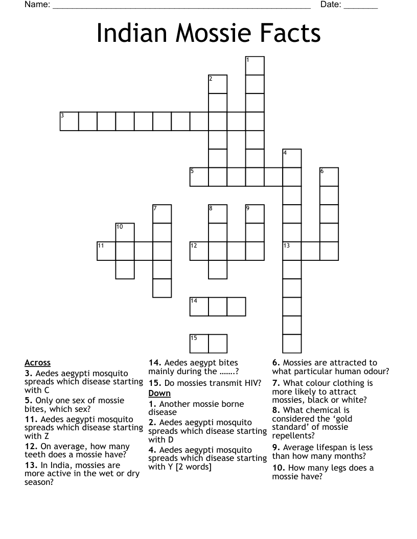 Indian Mossie Facts Crossword